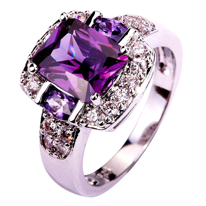 Anillo de Zircón Púrpura Vintage con Baño de Plata y Platino