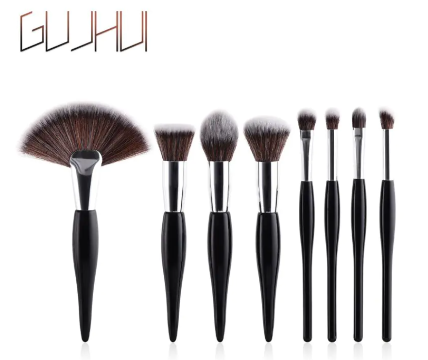 Juego de 8 Brochas de Maquillaje con Mango Negro y Tubos Plateados