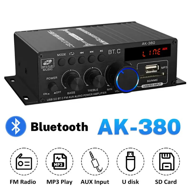 Amplificador de Potencia AK380 Bluetooth para Auto y Hogar de 12V