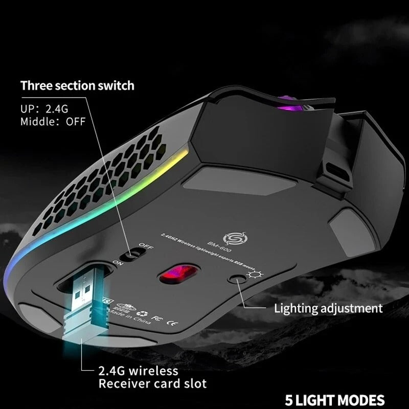Ratón de Juego Inalámbrico Recargable BM600 con Iluminación RGB para PC