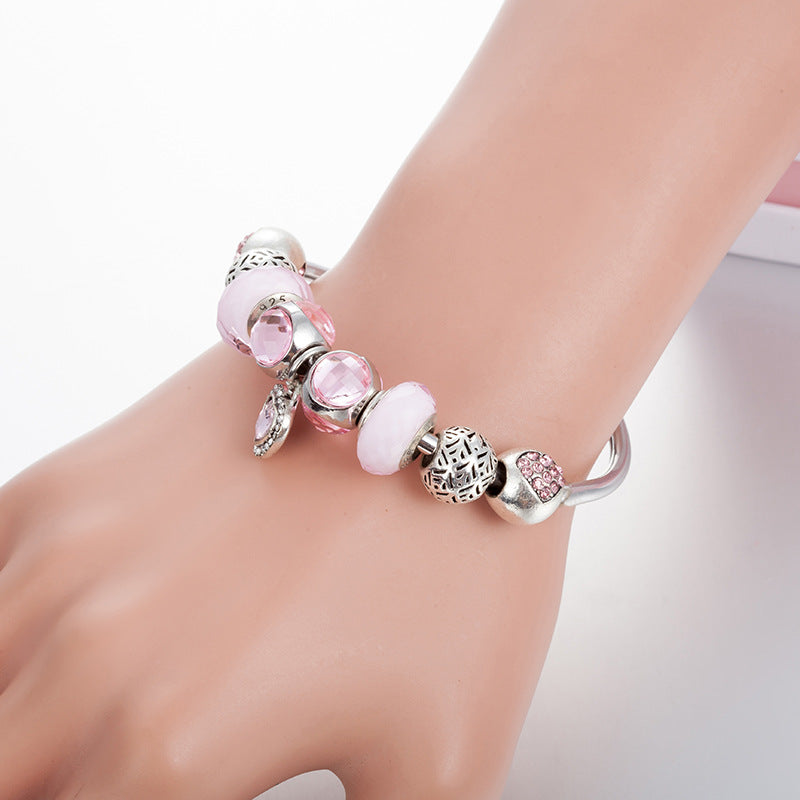 Pulsera de Mujer con Colgante de Corazón y Perlas de Cristal Rosa para Hacerlo Tú Misma
