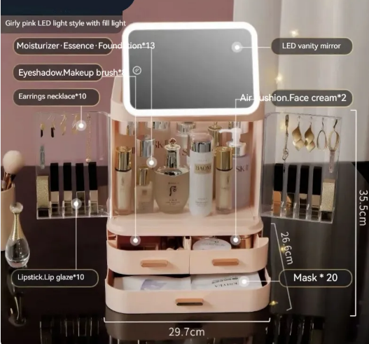 Caja de Almacenamiento de Cosméticos con Espejo Integrado