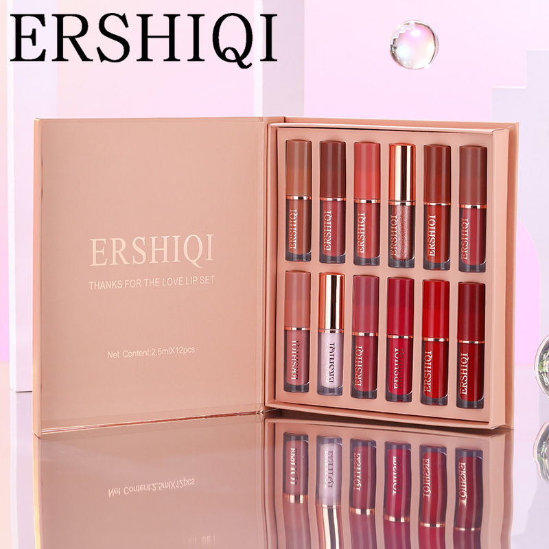 Caja de Regalo de 12 Piezas de Lápiz Labial Mate Aterciopelado y Hidratante
