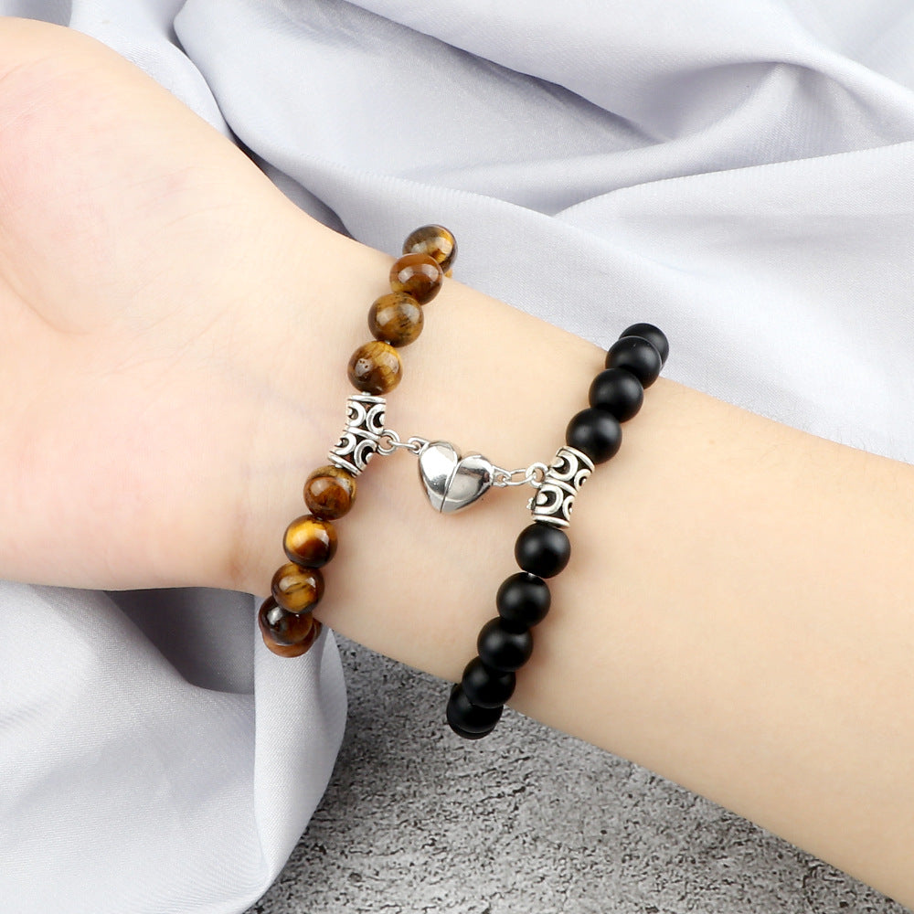 Pulsera Magnética para Parejas con Ojo de Tigre y Cierre de Corazón