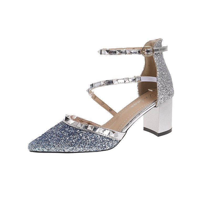 Tacones Altos de Mujer con Lentejuelas de Verano, Tacón Grueso y Remaches Sexys