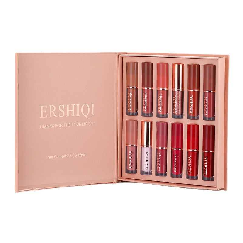 Caja de Regalo de 12 Piezas de Lápiz Labial Mate Aterciopelado y Hidratante