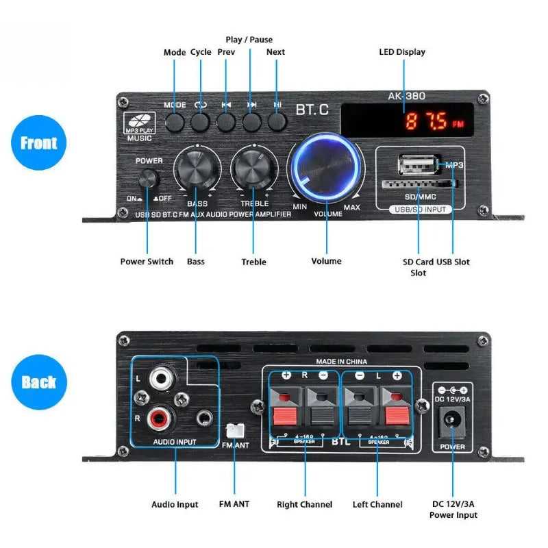 Amplificador de Potencia AK380 Bluetooth para Auto y Hogar de 12V